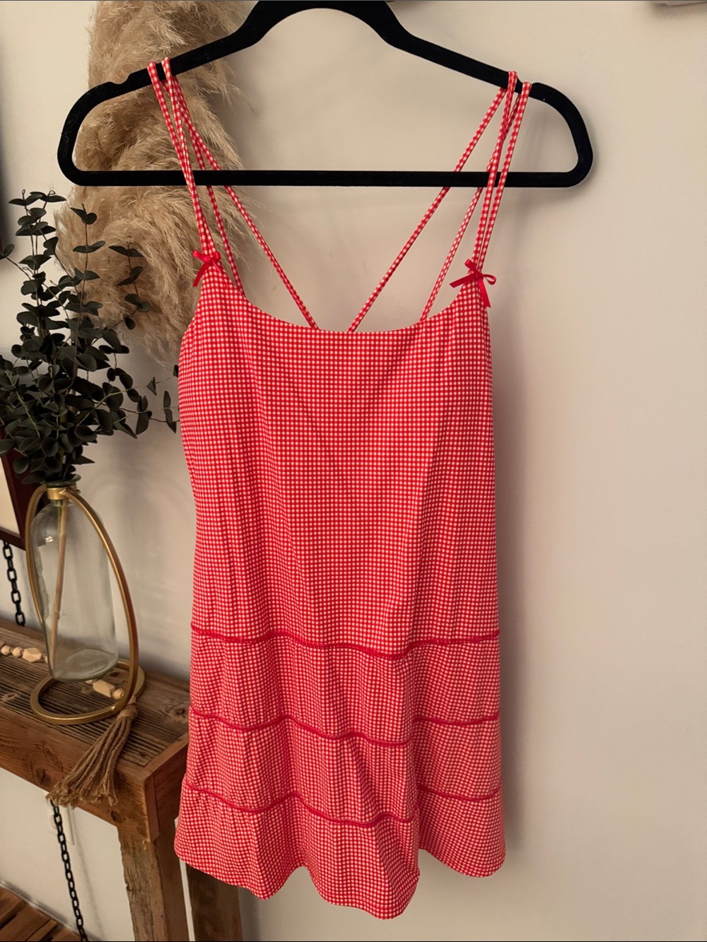 Altar'd State Pink Gingham Tiered Slip Dress with Double Straps